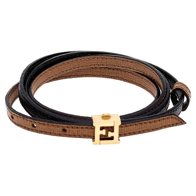 Pre Owned Fendi Gold Tone Bicolor Leather Wrap Bracelet
