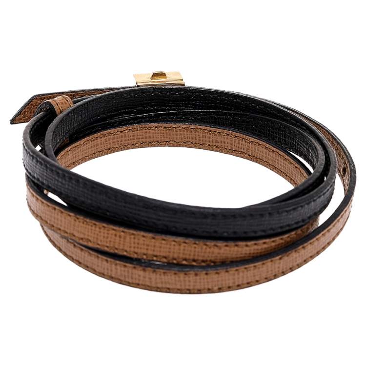 Pre Owned Fendi Gold Tone Bicolor Leather Wrap Bracelet