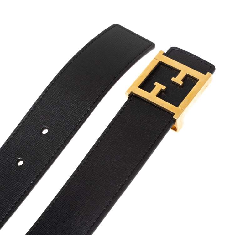 Pre Owned Fendi Black Leather FF Logo Buckle Belt 85CM
