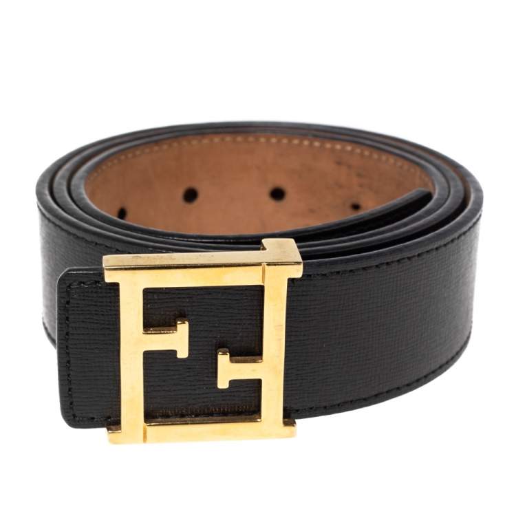Pre Owned Fendi Black Leather FF Logo Buckle Belt 85CM