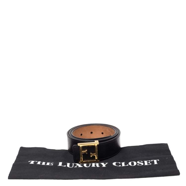Pre Owned Fendi Black Leather FF Logo Buckle Belt 85CM