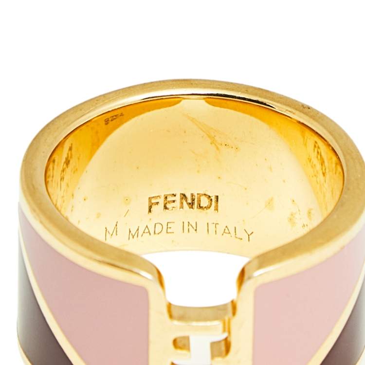 Pre Owned Fendi The Fendista Enamel Gold Tone Band Ring Size 54