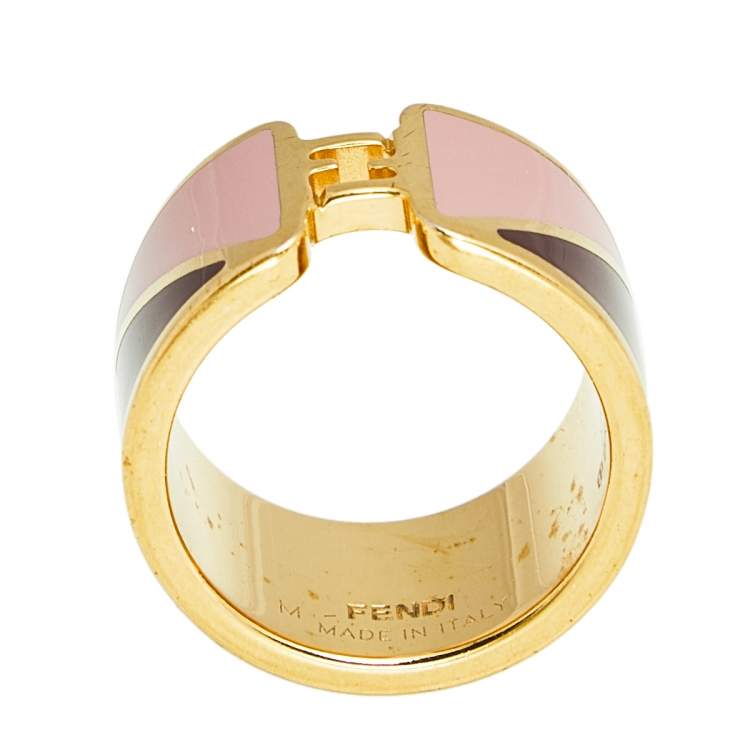 Pre Owned Fendi The Fendista Enamel Gold Tone Band Ring Size 54