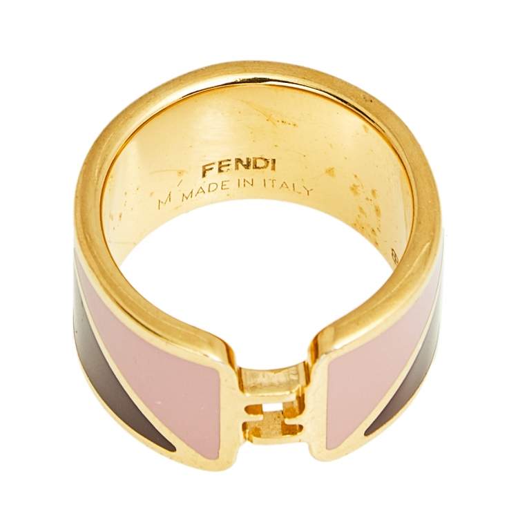 Pre Owned Fendi The Fendista Enamel Gold Tone Band Ring Size 54