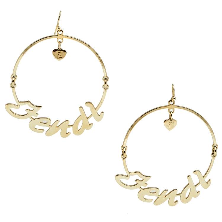Pre Owned Fendi Gold Tone Logo Hook Earrings