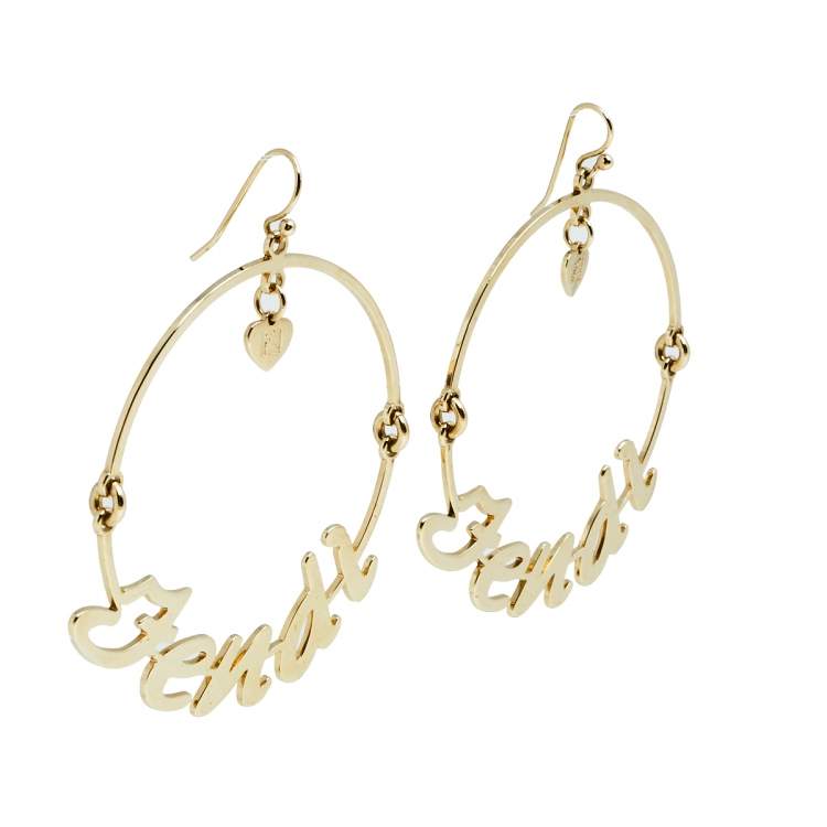 Pre Owned Fendi Gold Tone Logo Hook Earrings