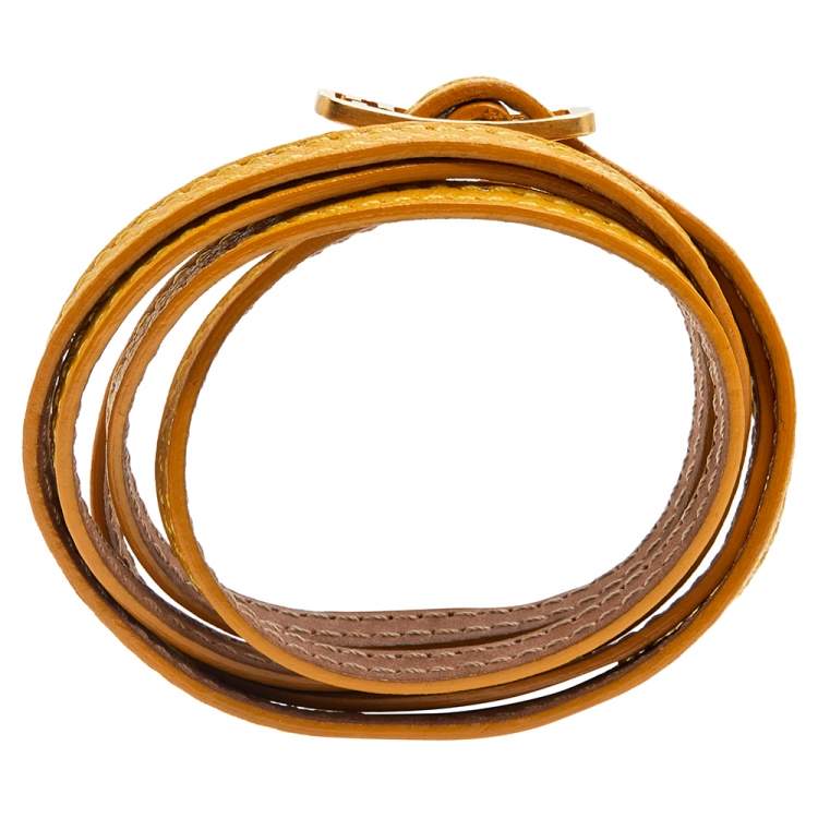 Pre Owned Fendi Yellow/Brown Reversible Leather "Ff" Logo Wrap Necklace Bracelet