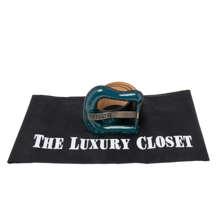 Pre Owned Fendi Teal Green Patent Leather Waist B Buckle Belt 75 CM
