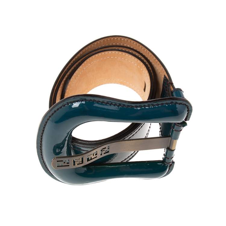 Pre Owned Fendi Teal Green Patent Leather Waist B Buckle Belt 75 CM