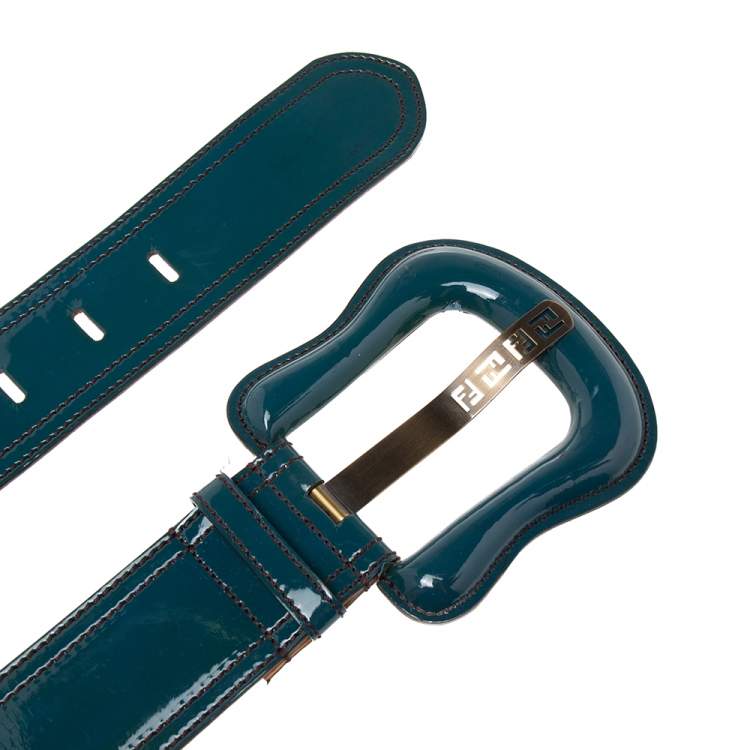 Pre Owned Fendi Teal Green Patent Leather Waist B Buckle Belt 75 CM