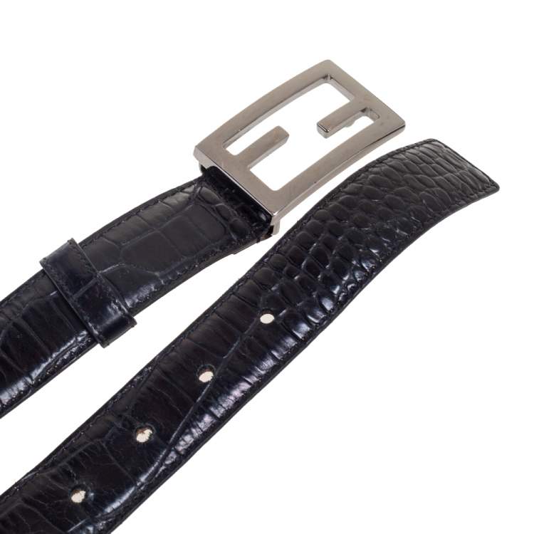 Pre Owned Fendi Black Alligator FF Logo Buckle Belt 100CM