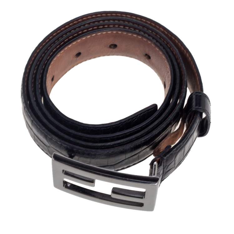 Pre Owned Fendi Black Alligator FF Logo Buckle Belt 100CM