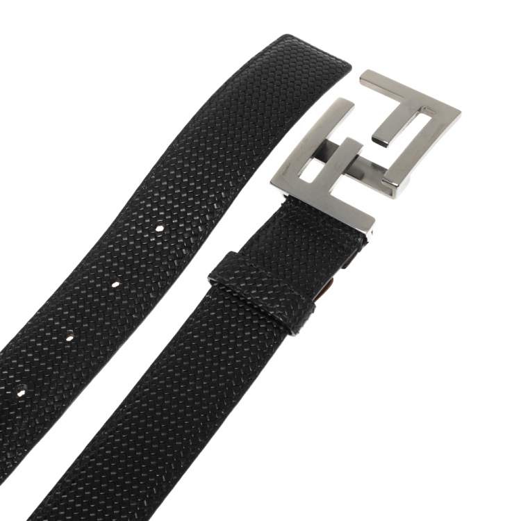 Pre Owned Fendi Black Textured Leather FF Logo Buckle Belt 105CM