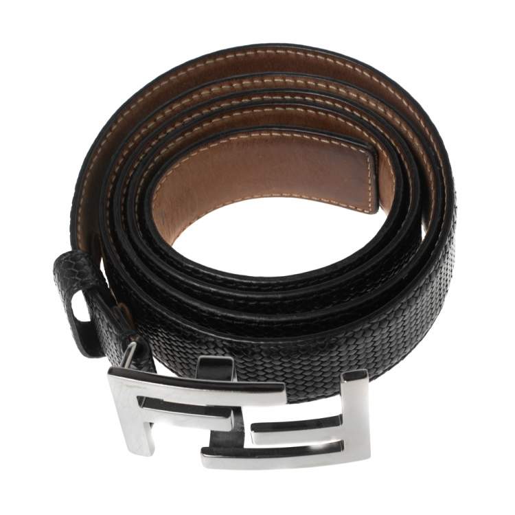 Pre Owned Fendi Black Textured Leather FF Logo Buckle Belt 105CM