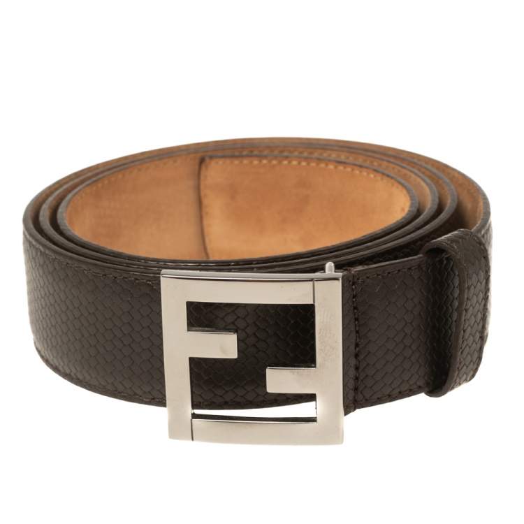 Pre Owned Fendi Dark Brown Textured Leather FF Logo Buckle Belt 100CM