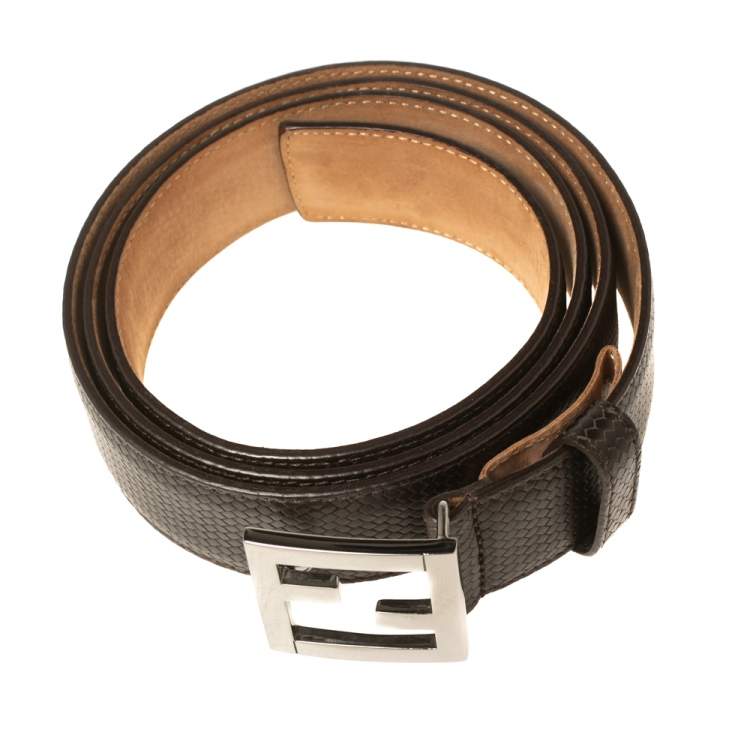 Pre Owned Fendi Dark Brown Textured Leather FF Logo Buckle Belt 100CM
