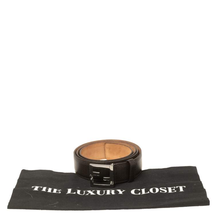 Pre Owned Fendi Dark Brown Textured Leather FF Logo Buckle Belt 100CM
