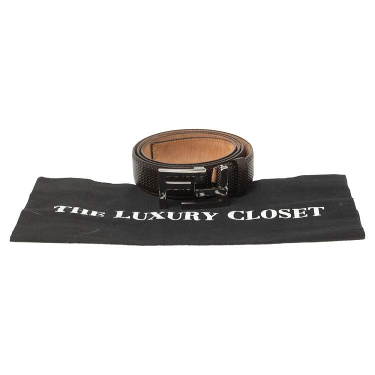 Pre Owned Fendi Dark Brown Textured Leather FF Logo Buckle Belt 105CM