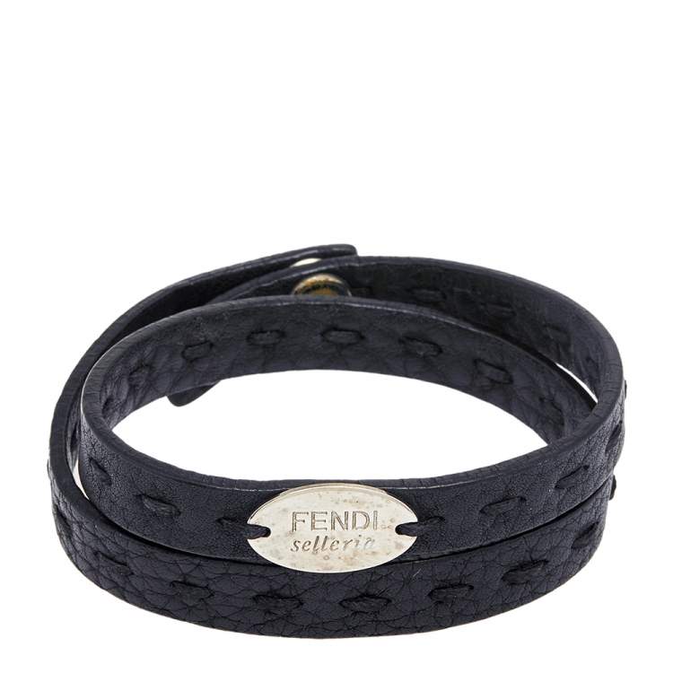 Pre Owned Fendi Black Selleria Leather Double Wrap Bracelet