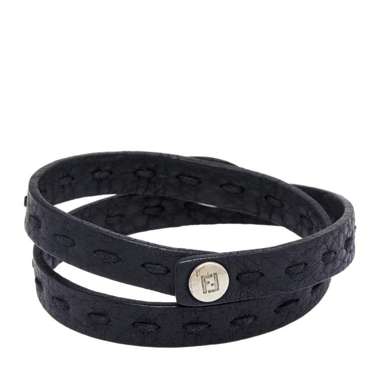 Pre Owned Fendi Black Selleria Leather Double Wrap Bracelet