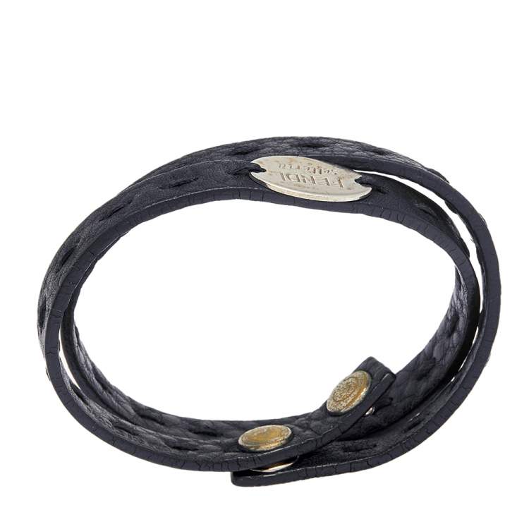 Pre Owned Fendi Black Selleria Leather Double Wrap Bracelet