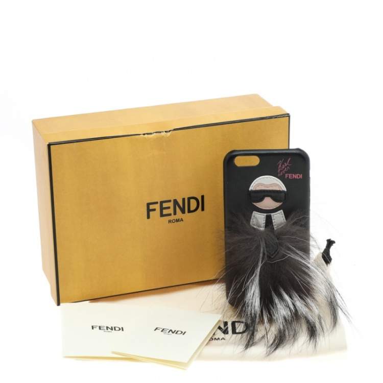 Pre Owned Fendi Black Leather and Fox Fur Karlito iPhone 6 Case