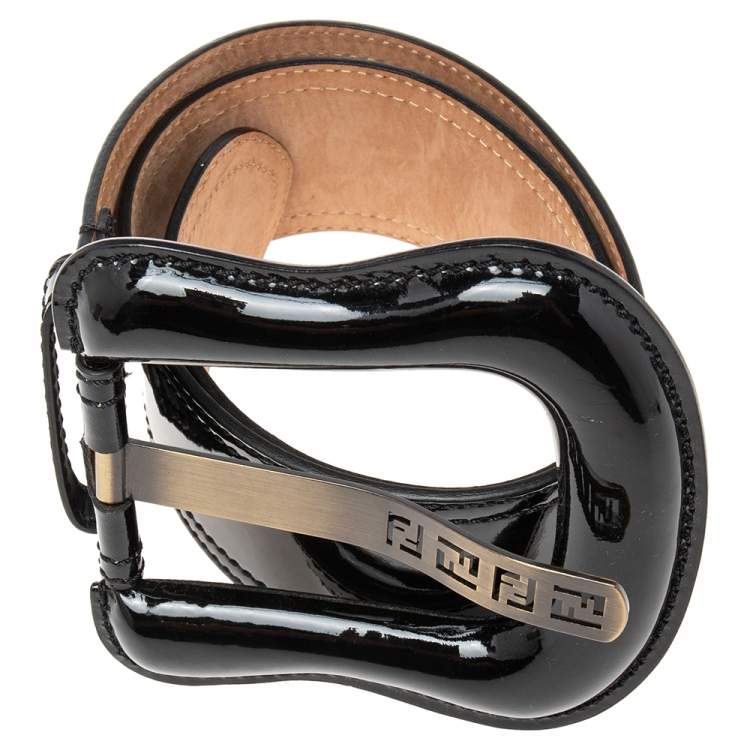 Pre Owned Fendi Black Patent Leather Buckle B Waist Belt 75CM