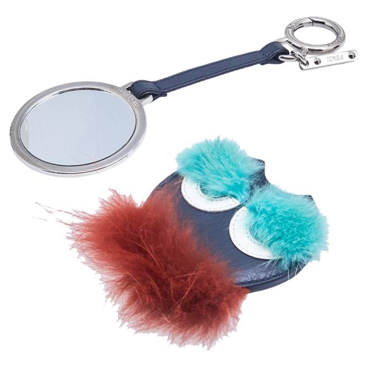 Pre Owned Fendi Fox Mink Brick Red Turquoise Fur Mirror Monster Bag Bug Charm 