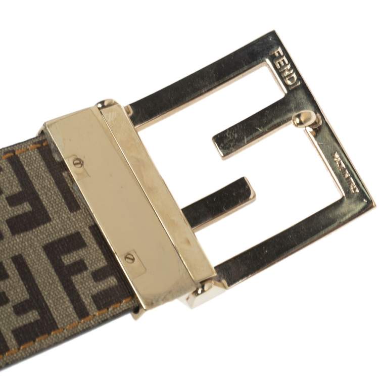 Pre Owned Fendi Tobacco Zucca and Zucchino Coated Canvas FF Reversible Buckle Belt