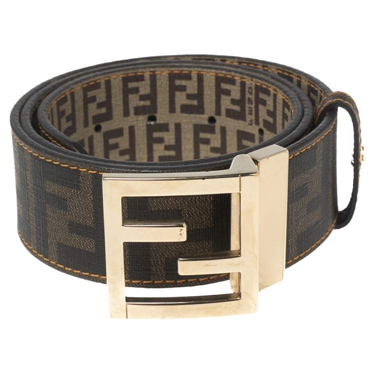 Pre Owned Fendi Tobacco Zucca and Zucchino Coated Canvas FF Reversible Buckle Belt