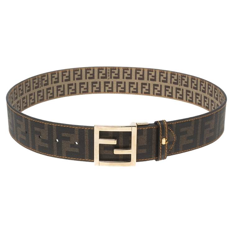 Pre Owned Fendi Tobacco Zucca and Zucchino Coated Canvas FF Reversible Buckle Belt