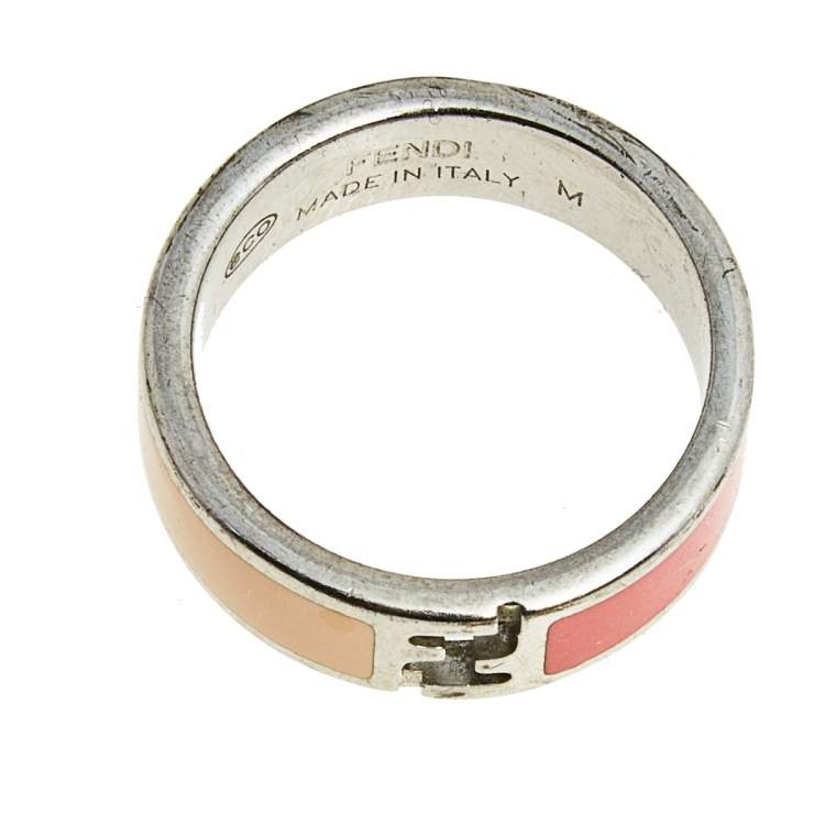 Pre Owned Fendi The Fendista Bi-color Enamel Silver Tone Band Ring Size 55