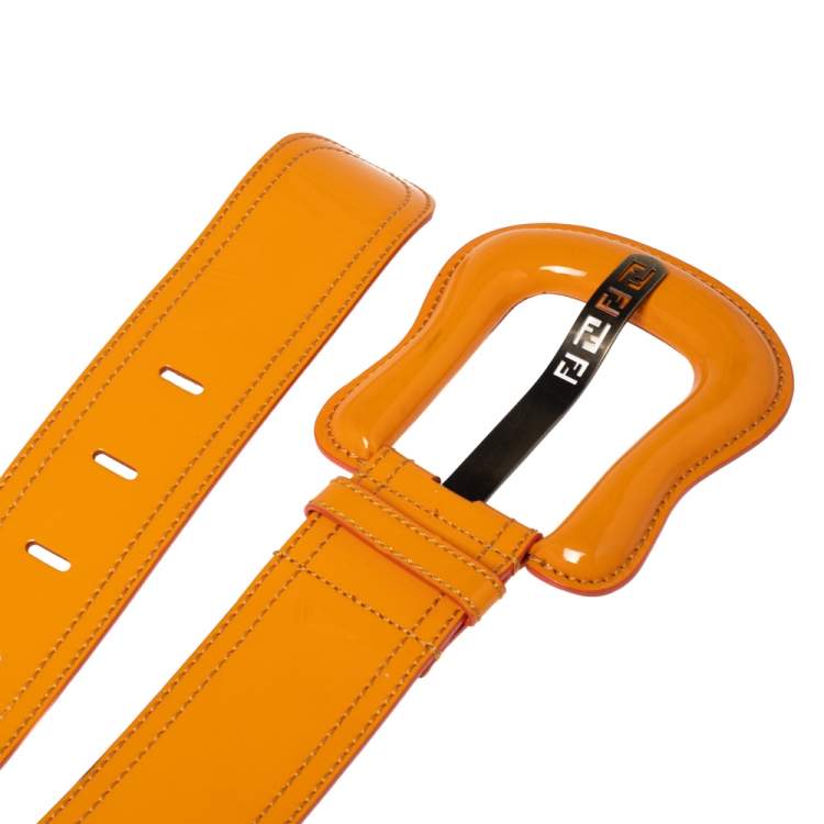 Pre Owned Fendi Orange Patent Leather Wide Buckle Belt 85CM
