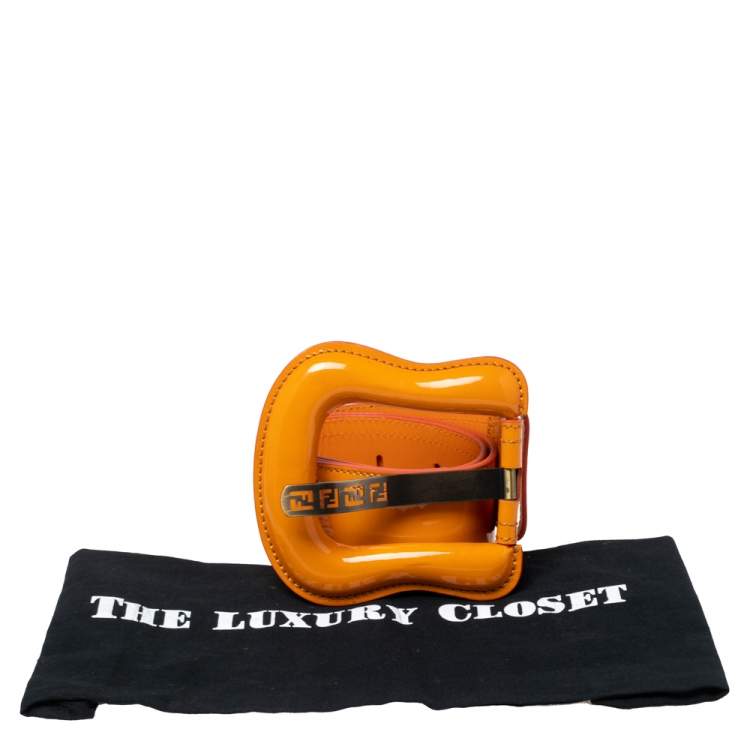 Pre Owned Fendi Orange Patent Leather Wide Buckle Belt 85CM
