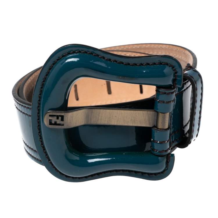 Pre Owned Fendi Teal Blue Patent Leather Buckle Waist Belt 90CM