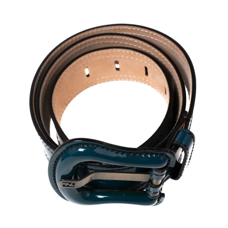 Pre Owned Fendi Teal Blue Patent Leather Buckle Waist Belt 90CM