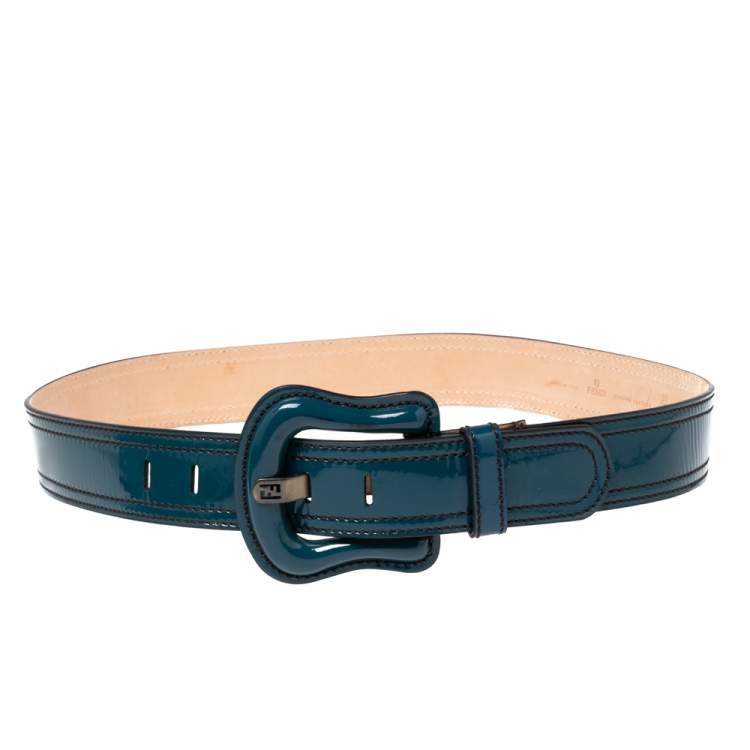 Pre Owned Fendi Teal Blue Patent Leather Buckle Waist Belt 90CM