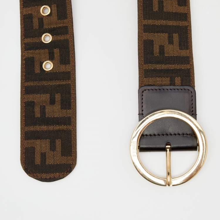 Pre Owned Fendi Tobacco Zucca Canvas And Leather Round Buckle Belt 90 CM
