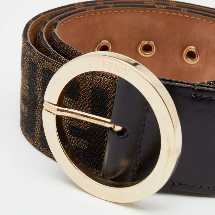 Pre Owned Fendi Tobacco Zucca Canvas And Leather Round Buckle Belt 90 CM