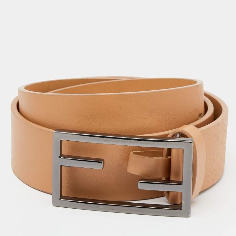 Pre Owned Fendi Beige Leather FF Logo Buckle Belt 100 CM