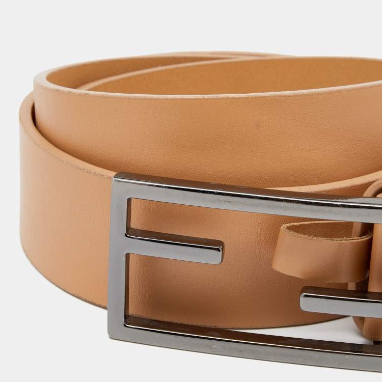 Pre Owned Fendi Beige Leather FF Logo Buckle Belt 100 CM
