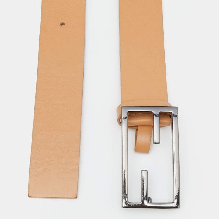 Pre Owned Fendi Beige Leather FF Logo Buckle Belt 100 CM