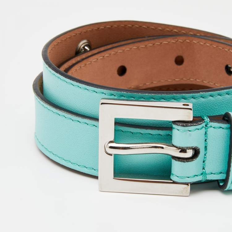 Pre Owned Fendi Turquoise Blue Leather Buckle Belt 95 CM