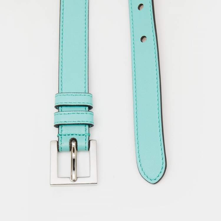Pre Owned Fendi Turquoise Blue Leather Buckle Belt 95 CM