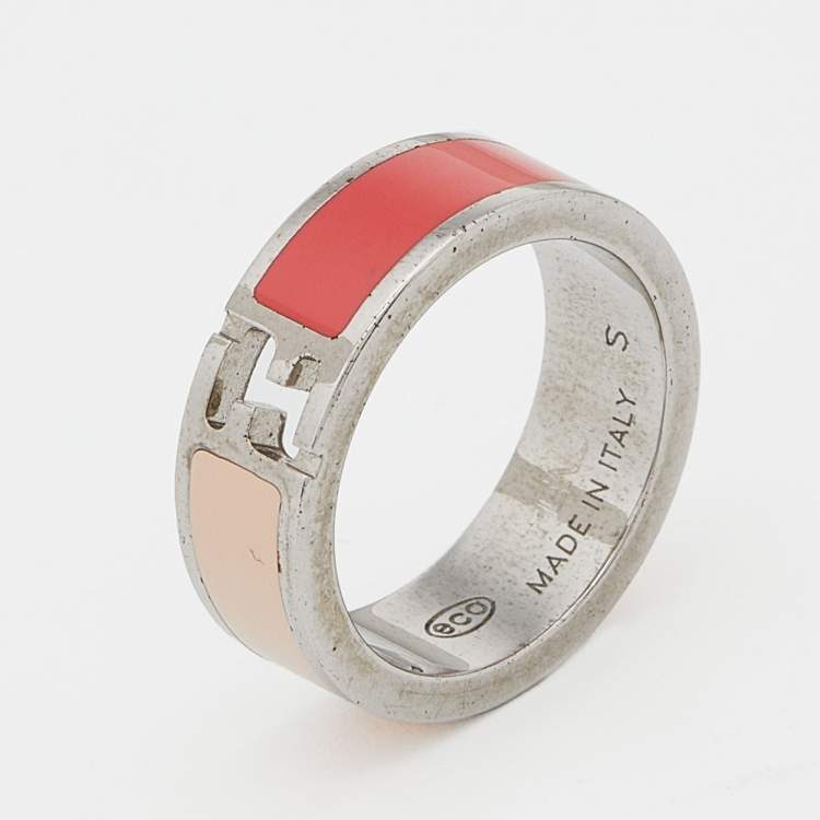 Pre Owned Fendi The Fendista Bi-color Enamel Silver Tone Band Ring Size 50