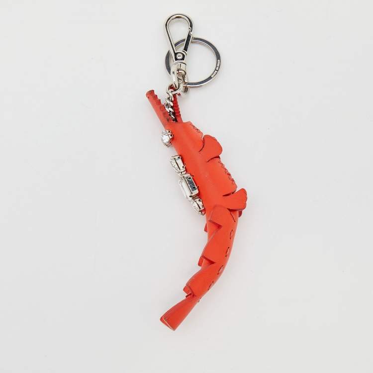 Pre Owned Fendi Orange Leather Crystal Embellished Alligator Bag Charm/Key Ring