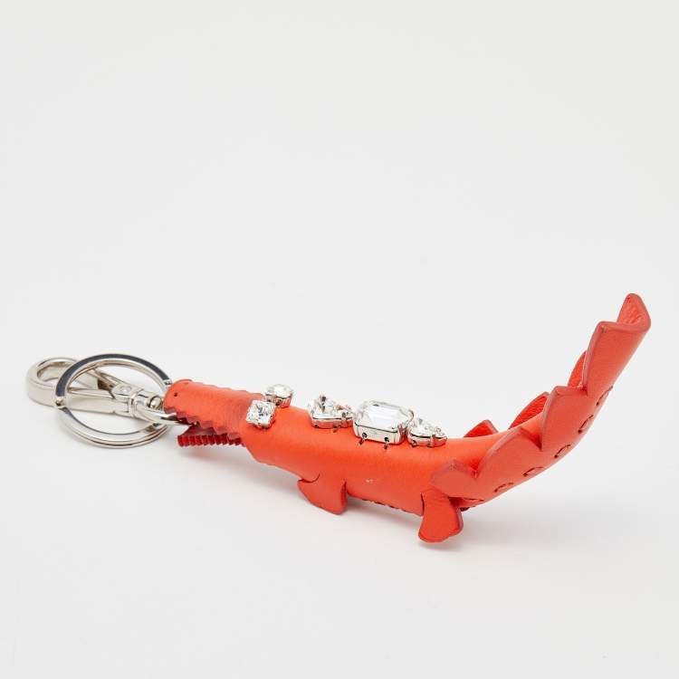 Pre Owned Fendi Orange Leather Crystal Embellished Alligator Bag Charm/Key Ring
