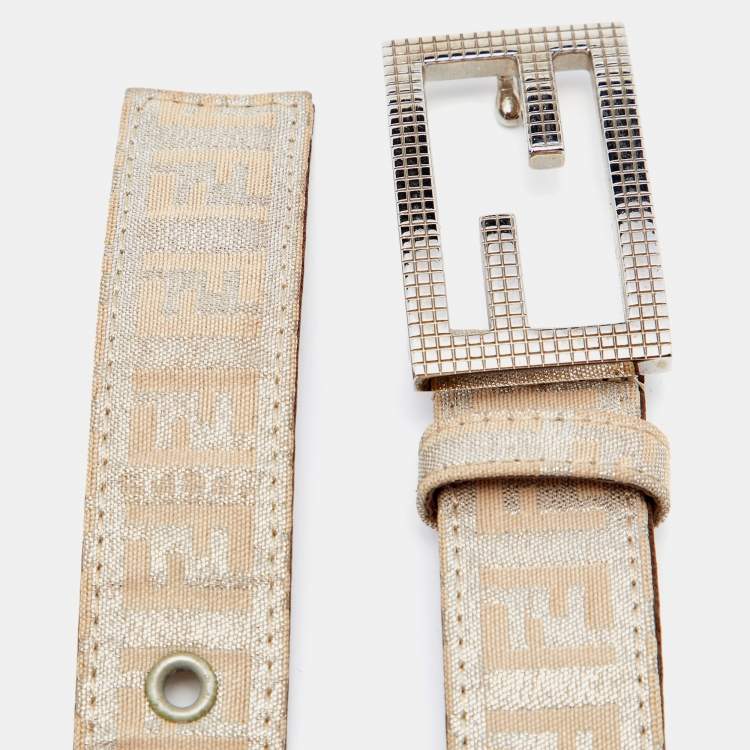 Pre Owned Fendi Beige/Silver Zucchino Canvas FF Buckle Belt 80 CM