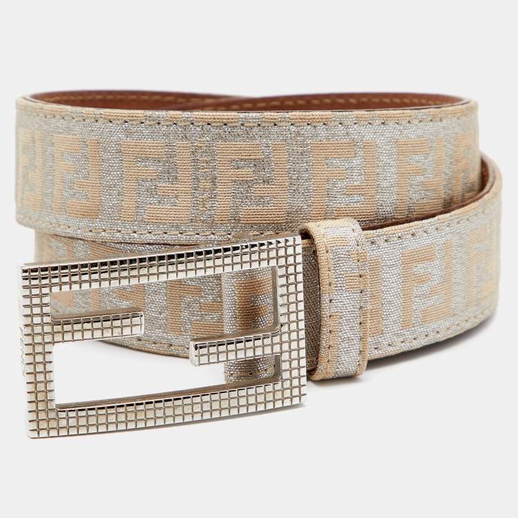 Pre Owned Fendi Beige/Silver Zucchino Canvas FF Buckle Belt 80 CM