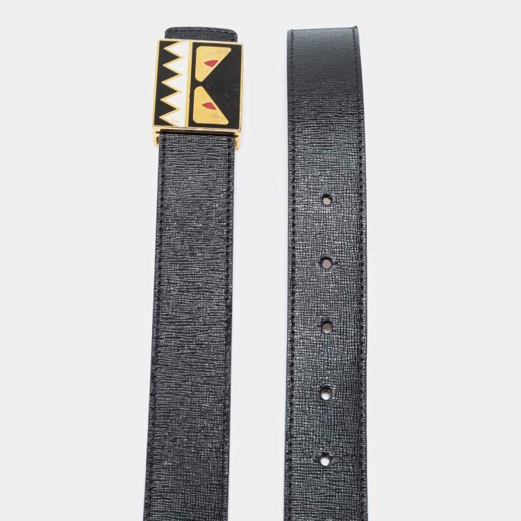 Pre Owned Fendi Black Leather Monster Buckle Belt 90 CM